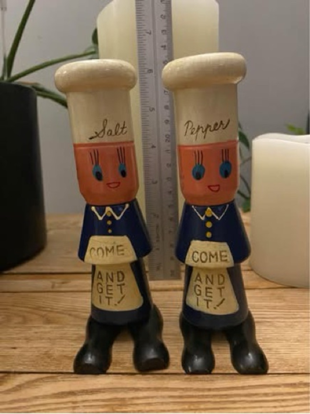 Vintage Wooden Chef Salt and Pepper Shakers Mid Century Come And Get It Kitsch